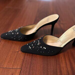 Charles Jourdan 9.5 High Heel Studded Black Mule with colored Gems